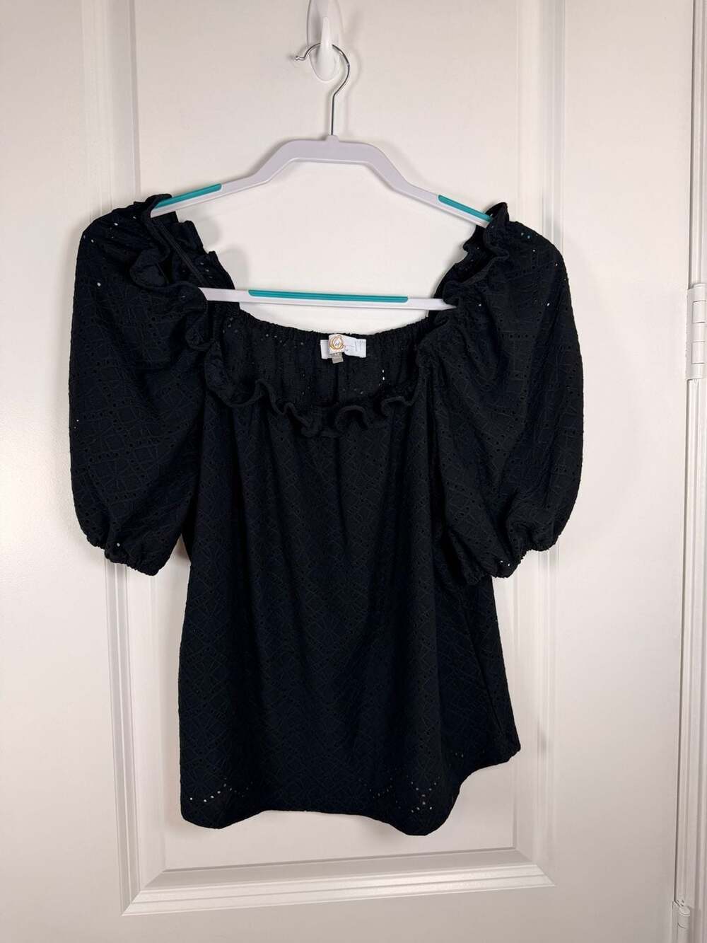 Melograno Rico Black Eyelet Off-The-Shoulder Ruffle Puff Sleeve Blouse
